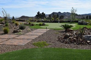 Private Backyard Putting Green in Artificial Grass with paver path