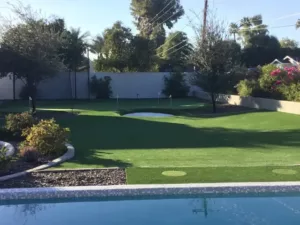 Custom Artificial Grass Backyard Putting Green next to pool