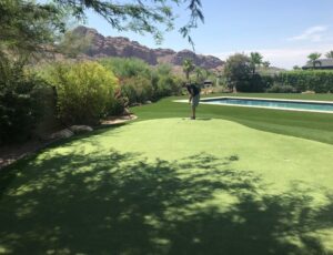 Putting on Private Backyard Putting Green in artificial grass