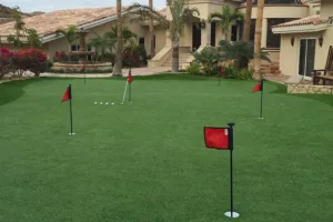 Private Backyard Putting Green in artificial grass featuring red flags